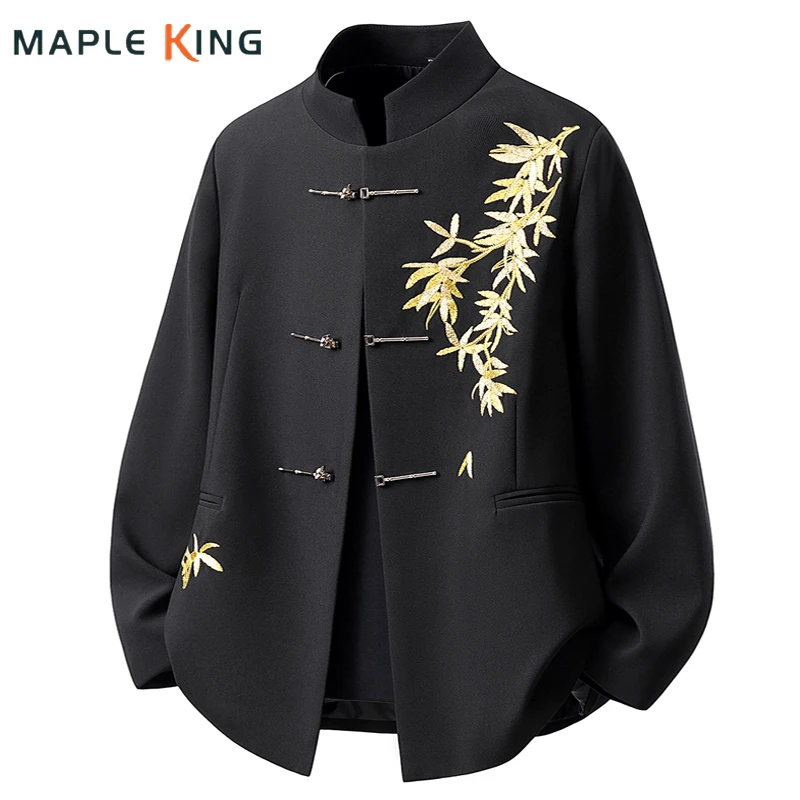 Blazer Hombre Men Luxury Clothing Oversized Chinese Style Golden Bamboo Embroidery Metal Buckle Elegant Suit for Man Jacket Coat