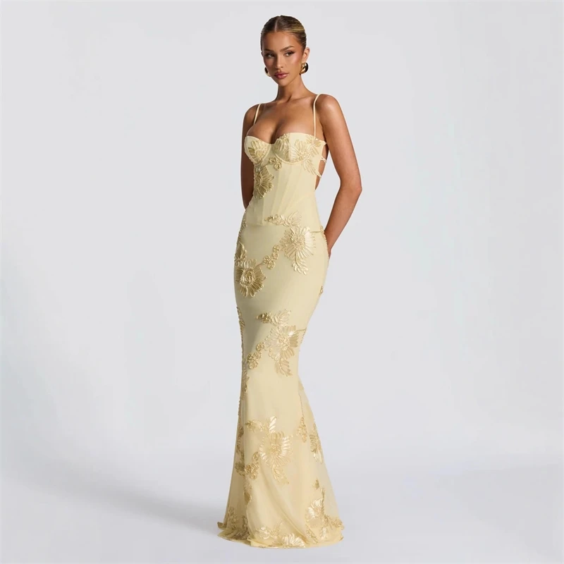Floral Evening Gown Premium Gala Spaghetti Strap Fitted French Backless Solid Long Dress For Women Wedding Guest Party Elegant - view 2
