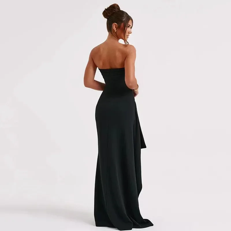 Off Shoulder Elegant High Rise Split Maxi Club Party Strapless Women Dress Outfits Bodycon Sexy Strapless Ruched Dresses