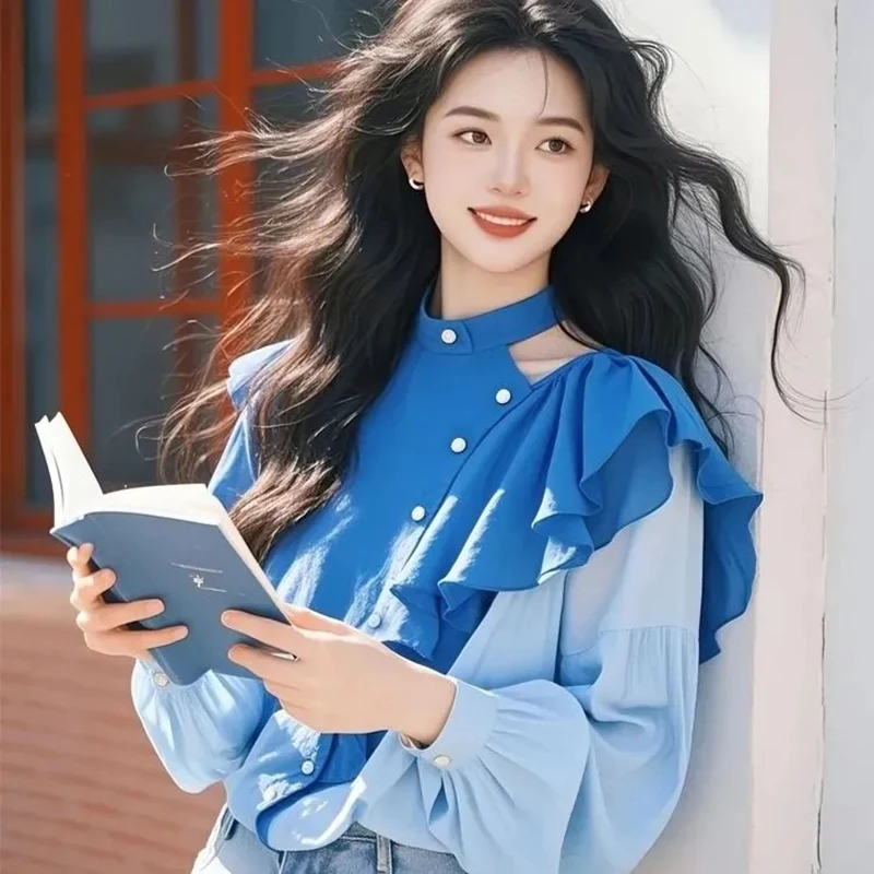 Haut en mousseline de soie pour femmes, simple boutonnage, oreilles, bord champignon, haut français, rue, automne, chemise ample d'épissure, nouvelle collection printemps