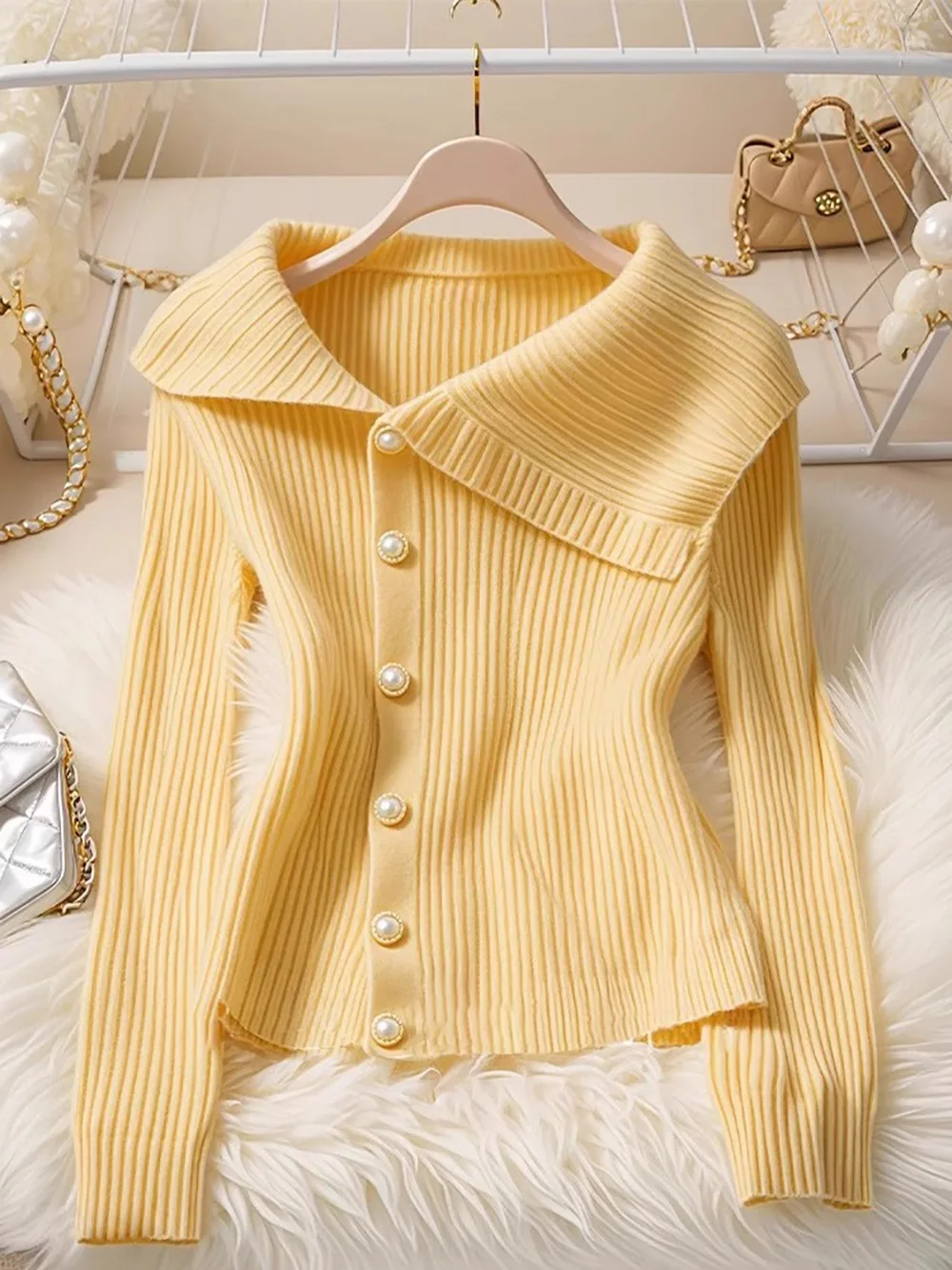 Elegant Yellow Sweater Women Autumn Winter Irregular Lapel Long Sleeve Sweaters Exquisite Pearl Buttons Knitted Pullover Tops