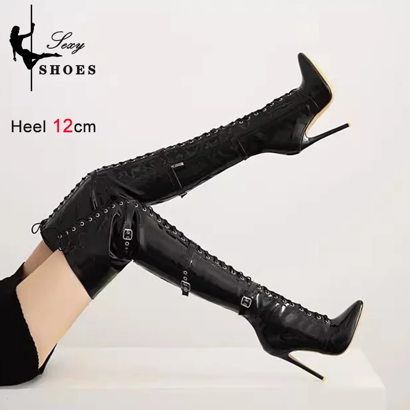 2023 Belt Buckle Over-the-Knee Thigh High Women\'s Boots Pointed Toe  Autumn Winter Long Boots Flock Thin High Heels Woman Shoes