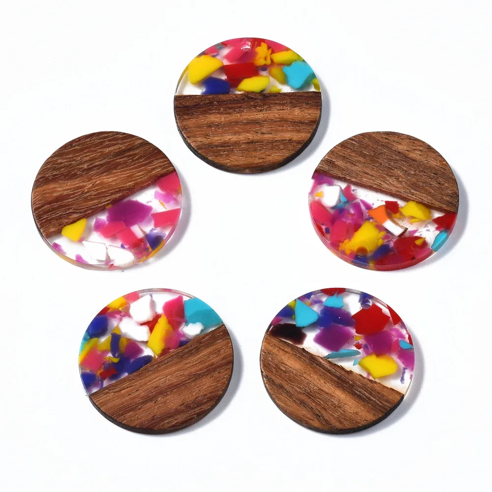 50Pcs Wood Resin Flat Round Pendants for Dangle Earrings Necklace Connectors Charms Vintage Jewelry Making Supplies DIY Handmade