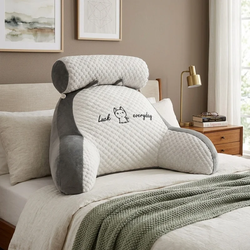 Adjustable Reading Pillow for Bed, Ergonomic Backrest Support Cushion, Breathable Quilted Washable Gray Pillow for Sofa Floor