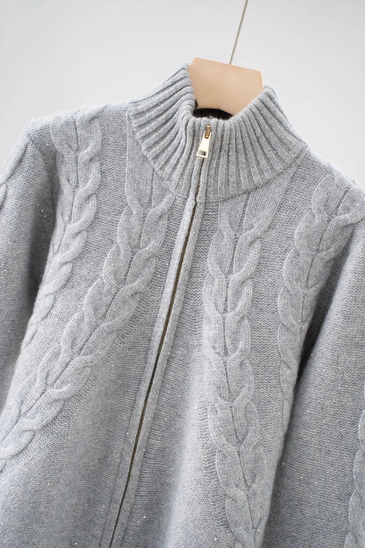 

2025 Autumn And Winter New Wool Sequined Button Flower Half Turtleneck Zipper Knitted Cardigan Casual Versatile Sweater For Wome