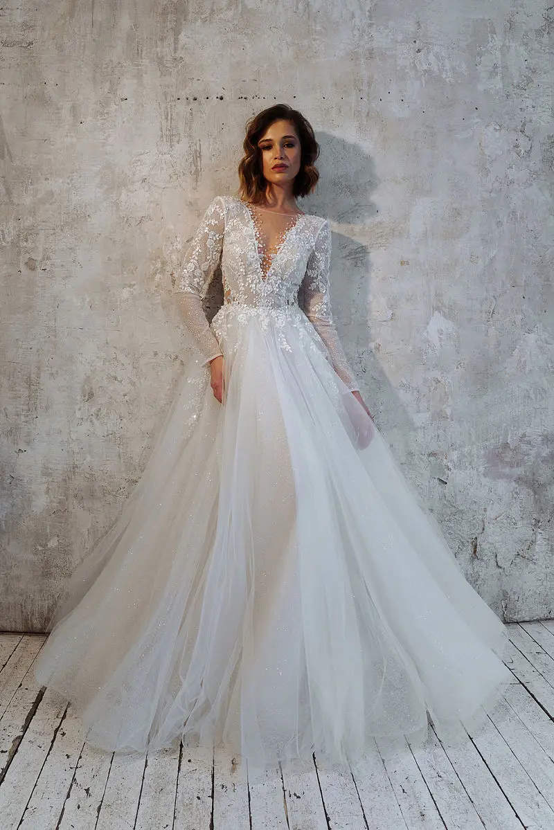 Robe de mariée à manches longues pour femmes, appliques en dentelle organza, tulle, col en V profond, ligne A, personnalisé sur les mesures, 2024