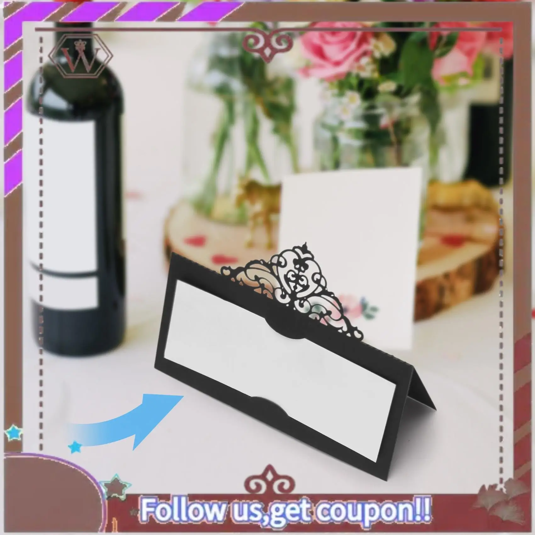 ABBG-100 قطعة بطاقات مكان الطاولة مع إدراج أبيض بطاقات خيمة التاج بطاقات الاسم لولائم الزفاف بوفيه الزفاف الأسود