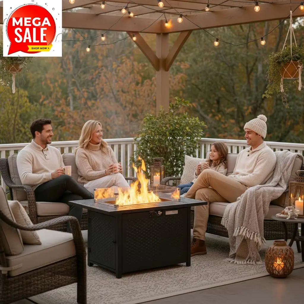 43 Inch Propane Fire Pit Table, Outdoor Gas Fire Pit with Glass Wind Guard & Convertible Lid, 50,000 BTU Rectangular Patio Fire