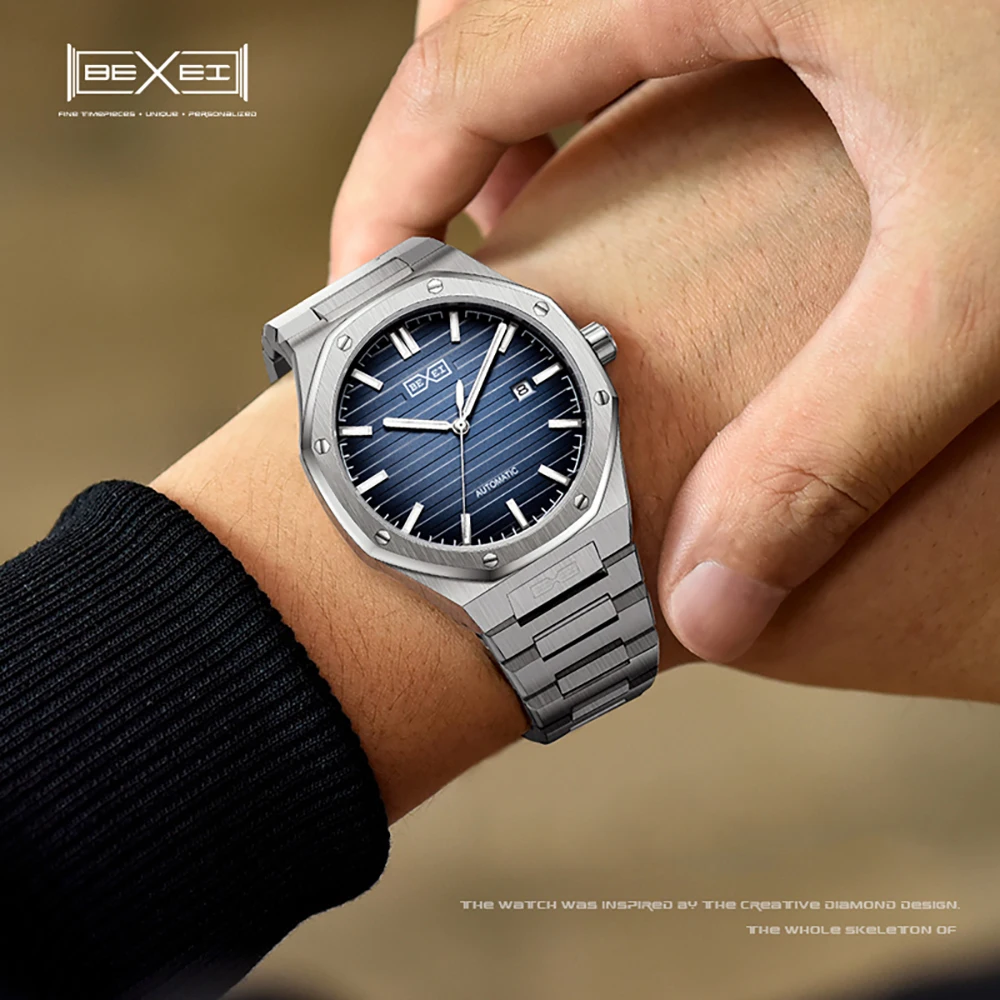 BEXEI 9093 Automatic mechanical watch for man synthetic sapphire Gradient dial Classic octagonal design waterproof Reserve 80H