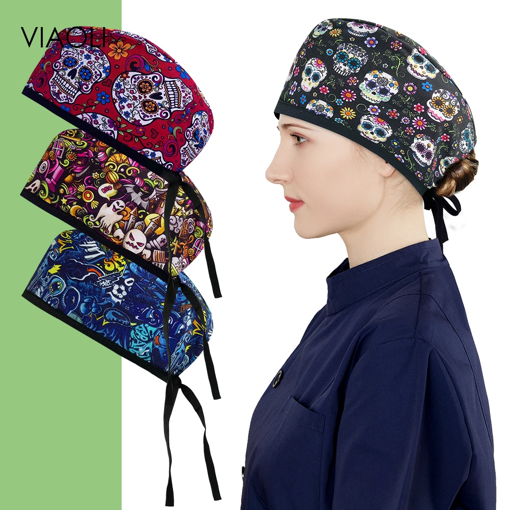 Gorra de algodón con estampado de calavera personalizada para hombre y mujer, gorro médico ajustable y cómodo, Unisex, para clínica veterinaria y laboratorio