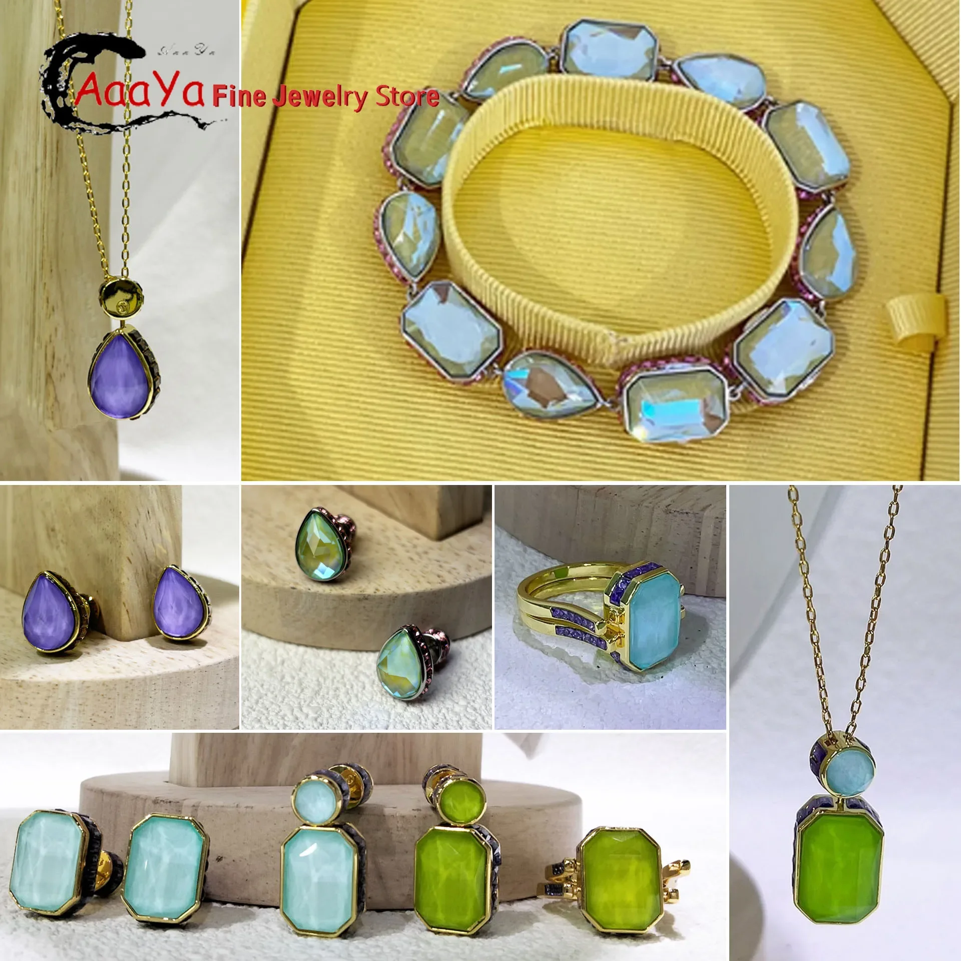 

Original 2025 Octagon Cut Blue Crystal Fashion Fine Jewelry Set Charm Geometric Green Necklace Ring Earrings Romantic Gift