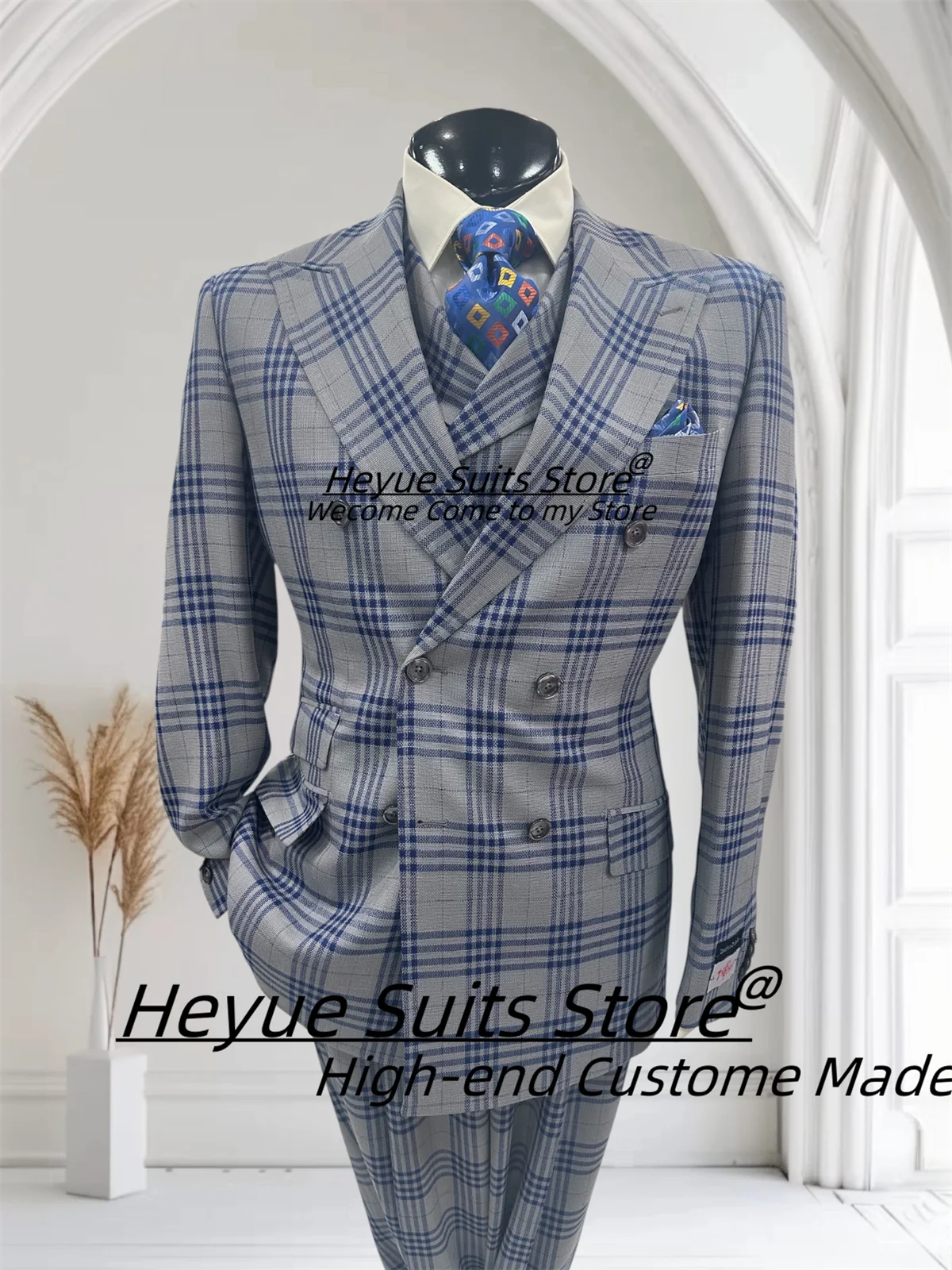 

Элегантные деловые клетчатые мужские костюмы по индивидуальному заказу, двубортные свадебные смокинги для жениха, комплекты из 3 предметов, мужские пиджаки, Ropa Hombre