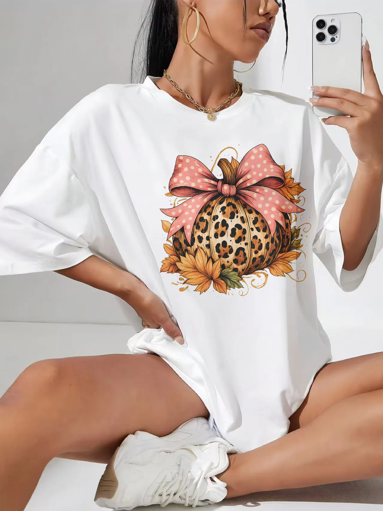 

YOU ARE MORE THAN Plus Size Women's White Crew Neck Shirt Cotton Soft Comfy Loose T-Shirt with Halloween Print Comfortable Top