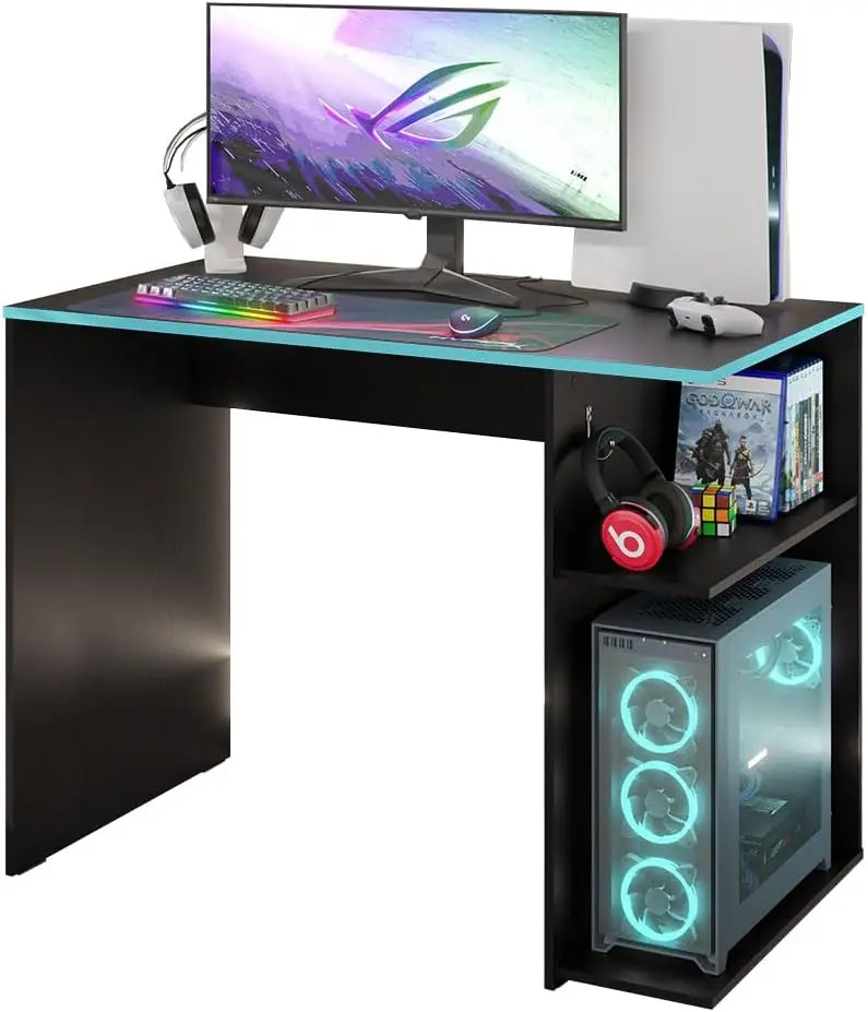 

Sturdy Gaming Desk Black Blue 39 Inch 2 Shelves Headphone Hanger Home Office Table for Kids and Adults Wooden