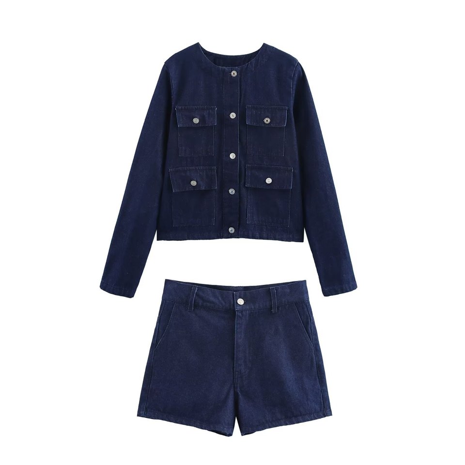 ZBZA Women's Loose Denim Jacket Shorts Set O-neck Long Sleeve Single Breasted Pocket Crop Coat High Waist Zip Shorts Summer Suit