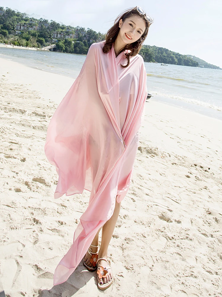 Chiffon Women Silk Scarf Beach Wrap Shawls Simple Solid Classic Lady Sunscreen Bandana Hijab Mujer Bikini Cover Up Scarve Pareo