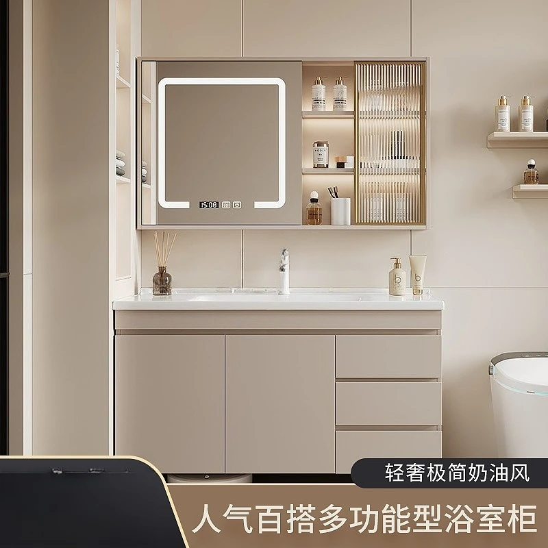 Solid Wood Bathroom Cabinet Combination Integrated Ceramic Basin Washbasin Toilet Smart Mirror Cabinet Hand Washbasin Cabinet Co