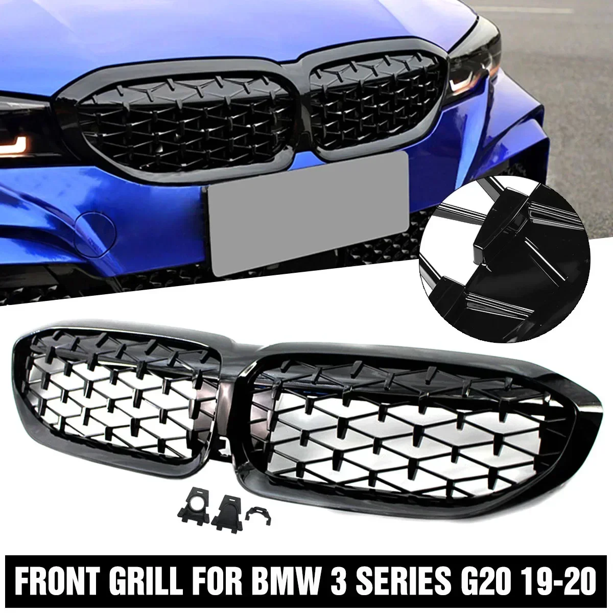 

Car Front Bumper Kidney Grill Diamond Gloss Black Racing Grille For BMW 3 Series G20 G21 2019-2020 Accessiors Exterior Part