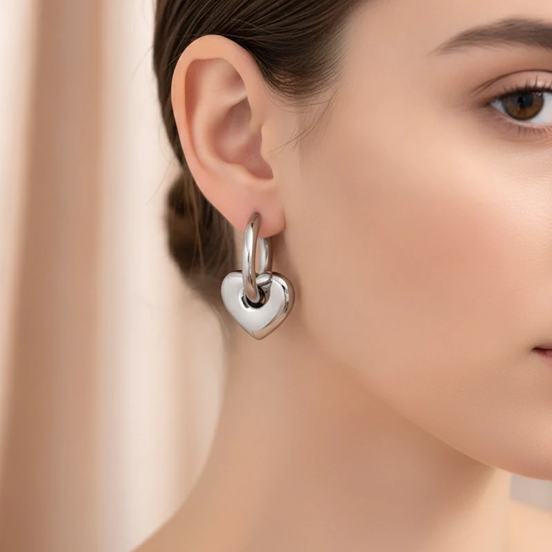 Punk Hip Hop Silver Color Stainless Steel Hoop Earrings for Women Classic Heart Star Moon Triangle Drop Earrings Female Jewelry