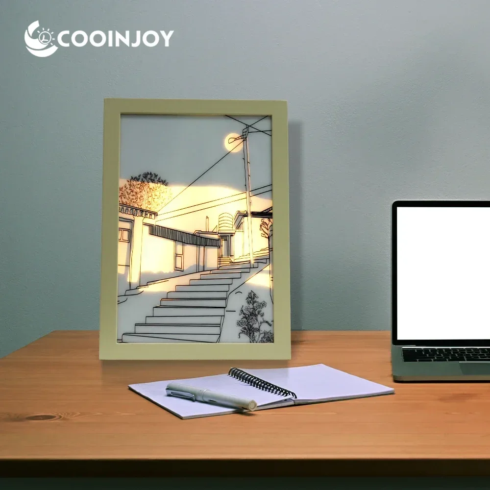 

COOINJOY Светодиодная картина-светильник с USB-подключением, регулируемая настольная лампа, подарок, декор для интерьера, имитация солнечного света, деревянная фоторамка, ночник