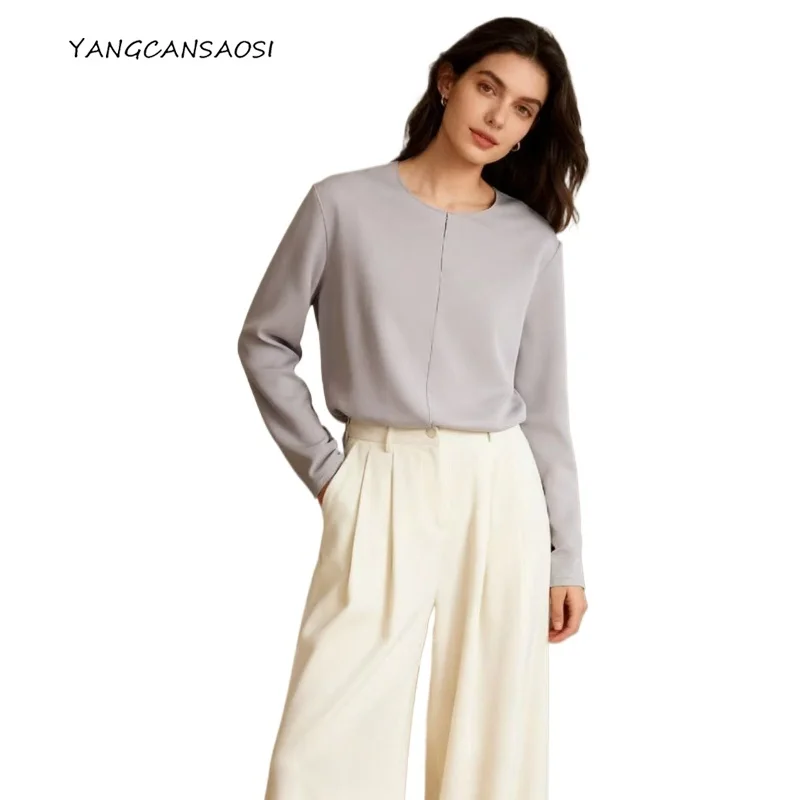 

Women's Fashion Clothing 100% Natural Mulberry Silk Heavy Crepe Loose Temperament Commuter Long Sleeve Round Neck T-shirt