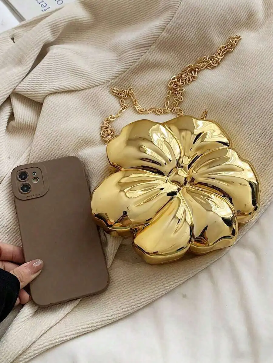 Golden Metallic Flower Clutch Bag With Removable Chain Strap For Evening Wedding Party Formal Occasion Accessory