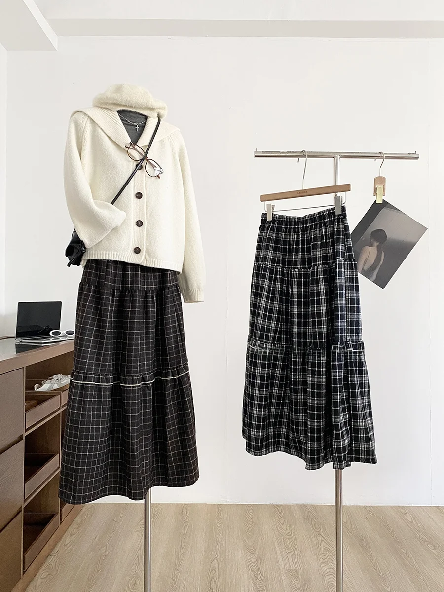 

Ретро-юбка миди в клетку с высокой талией, утепленная, А-силуэт, женская, осенне-зимняя, с текстурой под дерево, шерстяная, в деловом стиле