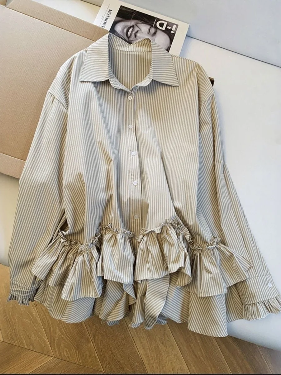 Korean Design Sense Ruffle Splice Collar Loose Casual Women's Shirt Spring New Style Trendy Long Sleeve  Neck Polyester