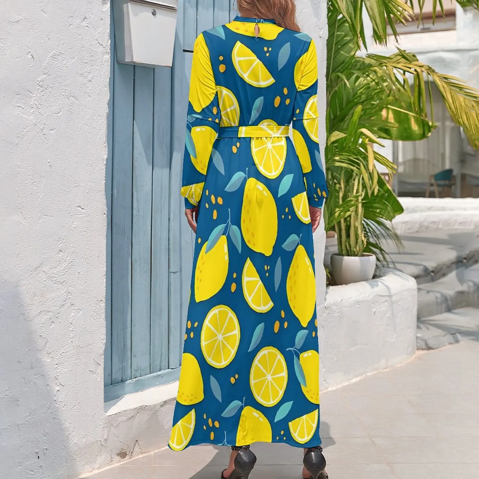 Modern Lemon Dress Xyellow Fruit Print Street Style Beach Dresses Women Long Sleeve High Waist Sexy Long Maxi Dress