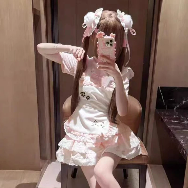 Japanese Kawaii Lolita Maid Dress Set Women Sweet Lace PatTchwork Cute Print Bow Apron Princess Dresses Elegant Party Mini Dress