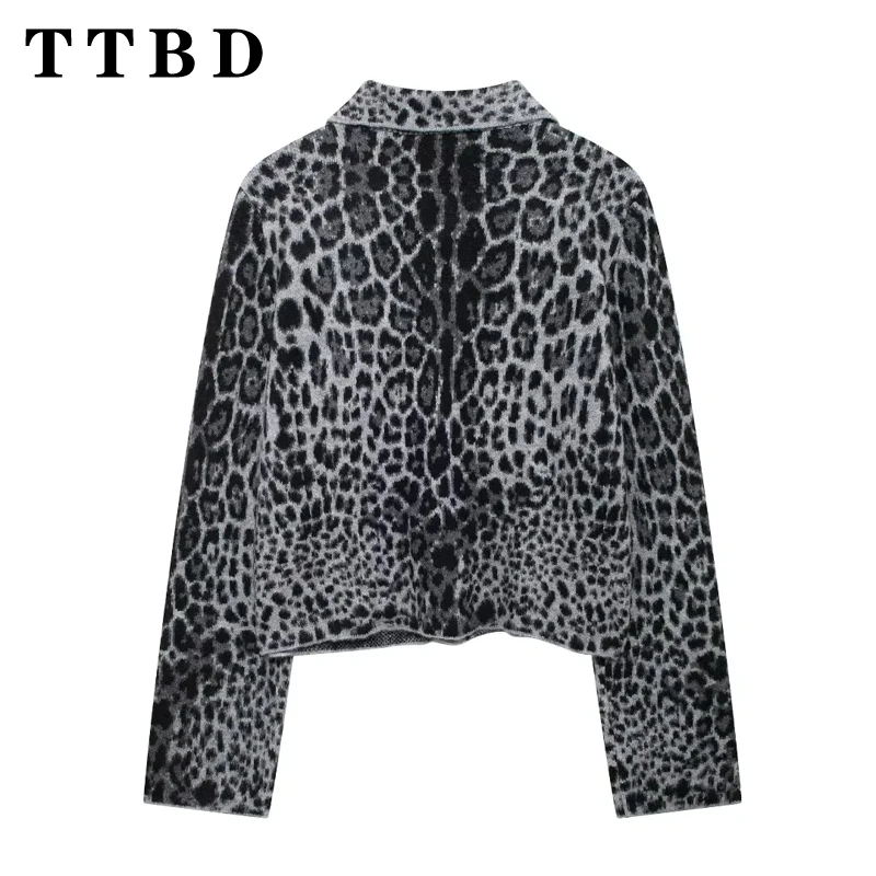 TTBD 2024 New Autumn Woman Casual Knit LEOPARD Print Cardigan Coat Female Fashion Single-breasted Turn-down Collar Long Sleeve T