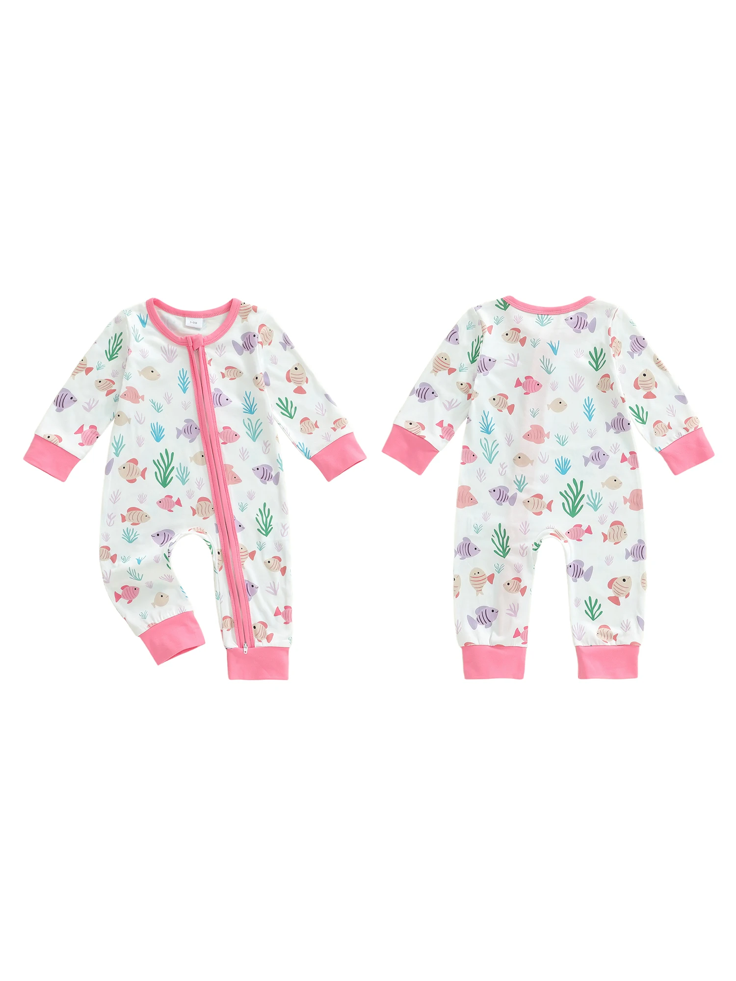 

Newborn Baby Fall Romper Fish Print Long Sleeve Round Neck Zip Jumpsuit for Boys and Girls