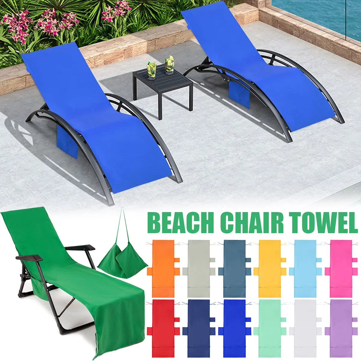 Sun Beach Chair Cover Towel with Side Pockets Lounge Chair Beach Towel Cover for Sunbathing Lounger Hotel Garden Holiday Pool