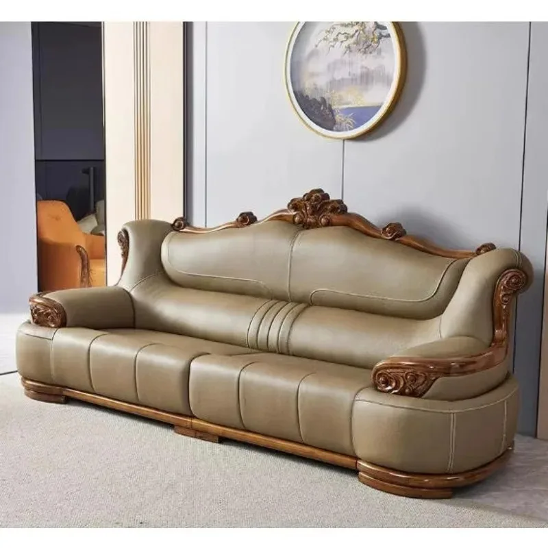 4 seat Home Furniture Comfortable Modern Chinese Solid Wood Genuine Leather Sofa Top Layer Living Room Villa عضو ذكر صناعي