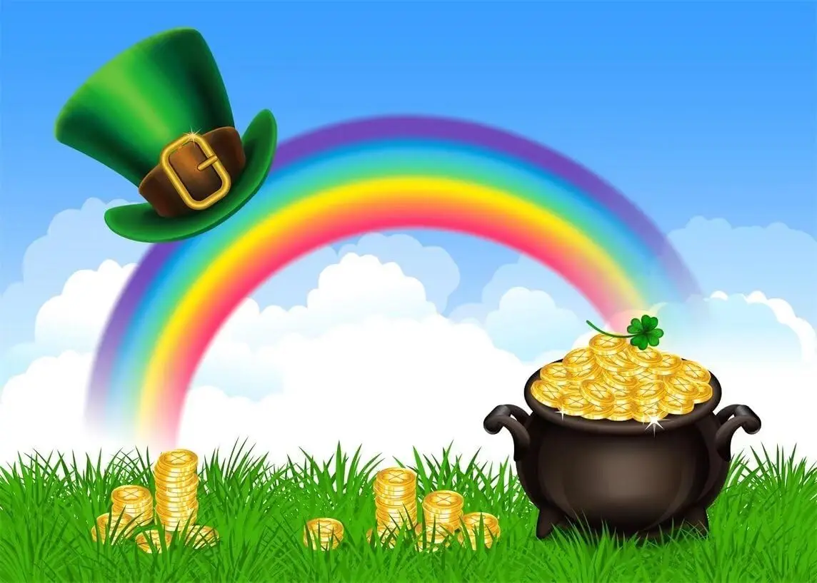 St. Patricks Day Blue Sky Rainbow Green Hat Spring Grass Field Gold Coins Party photo background photography backdrop studio