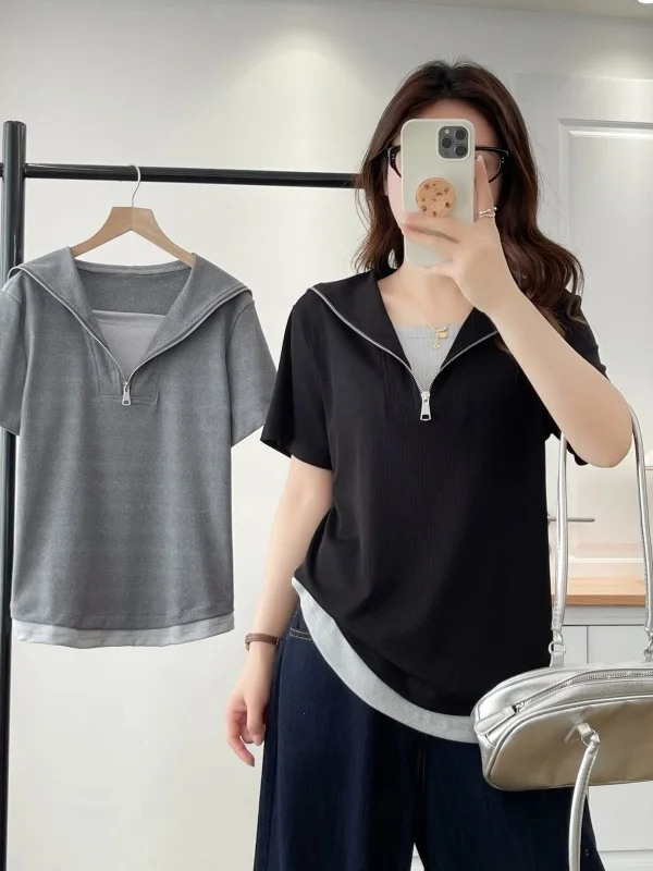 Women's Zipper Neck Short Sleeve T-Shirt Half Zipper Naval Collar Slimming Loose Fit Summer Casual Wear Polyester Fiber