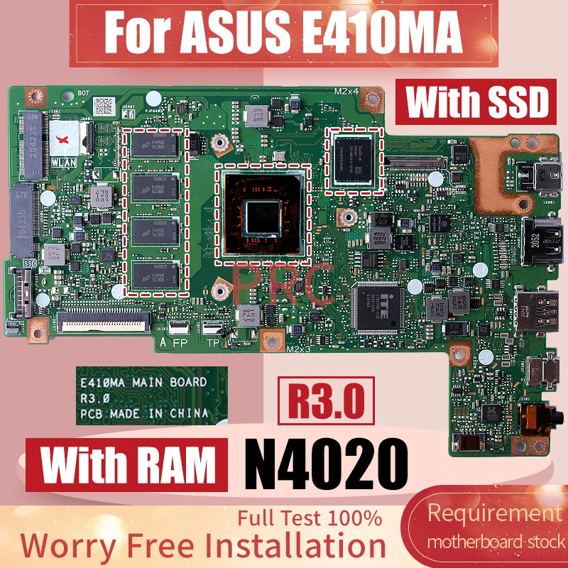 

For ASUS E410MA Laptop Motherboard R3.0 SRET0 N4020 With RAM Notebook Mainboard