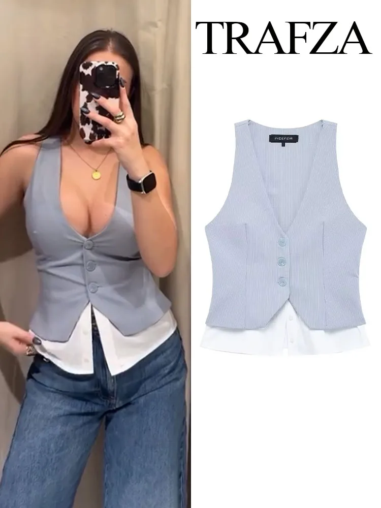 

TRAFZA Women Elegant Chic Stripe V-Neck Sleeveless Tank Tops Woman Summer Street Style Single-Breasted Splicing Casual Vest Top