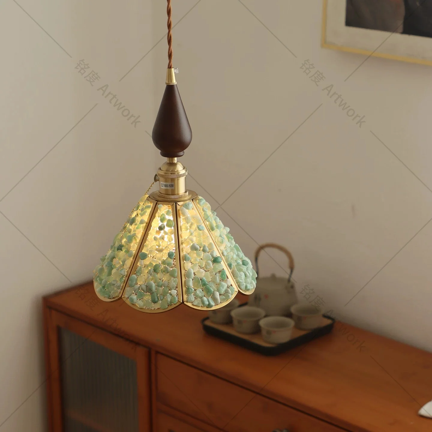 Jade bedroom headboard pendant light, foyer cabinet, all copper wiring free, antique French style resumption pendant light