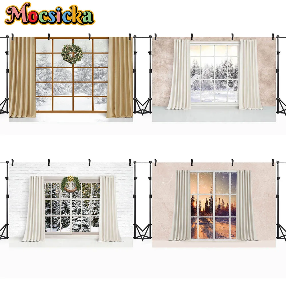 

Mocsicka Christmas Curtain Window Photography Backdrop Winter Snow Scene Family Portrait Photo Background for Studio Photo Shoot