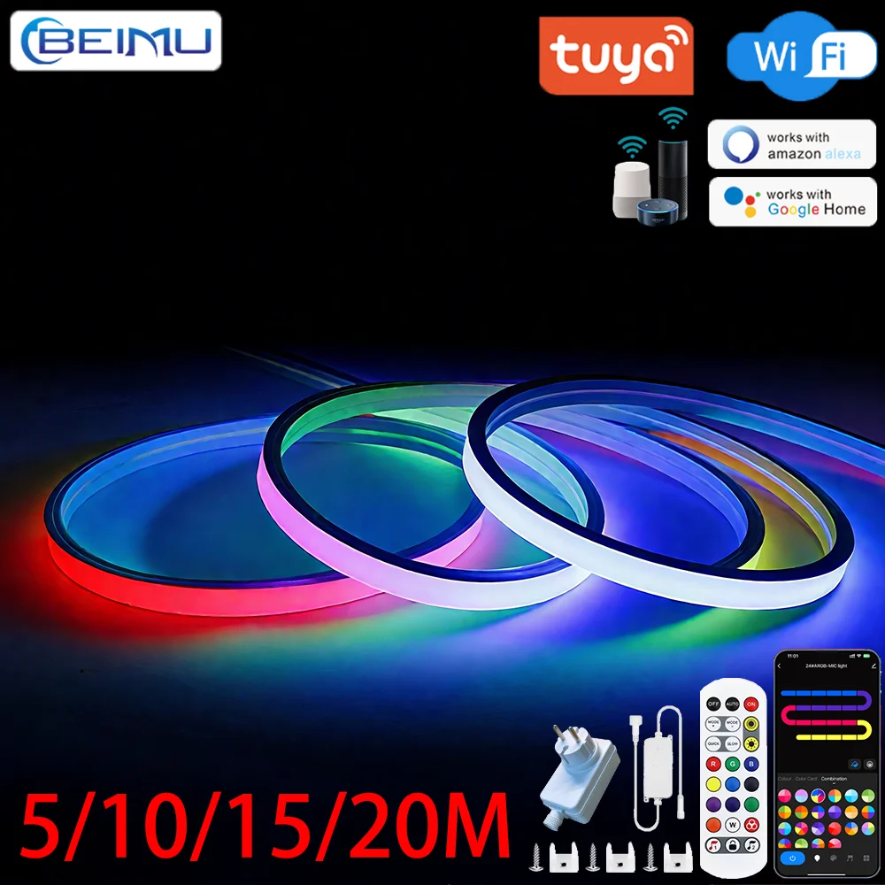 BEIMU TUYA WIFI 24V LED Neon Strip Lights RGBIC Waterproof Music Sync Voice Control Support Smart Life For Home Outdoor Decor
