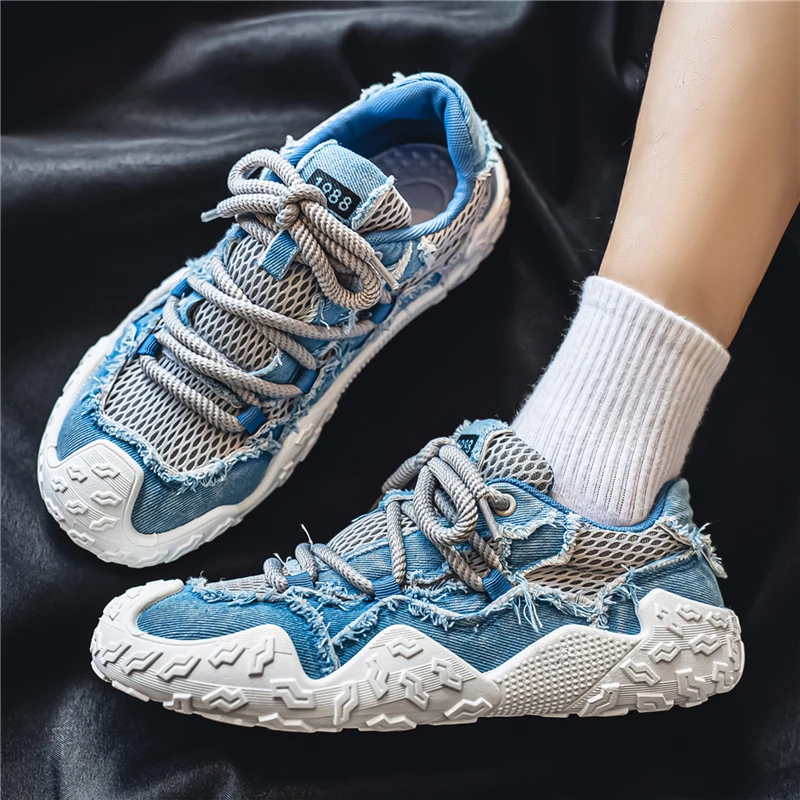 Men Distressed Frayed Denim Mesh Hiking Sneakers Thick Non Slip Platform Streetwear Dad Shoes  Casual Walking Trainers