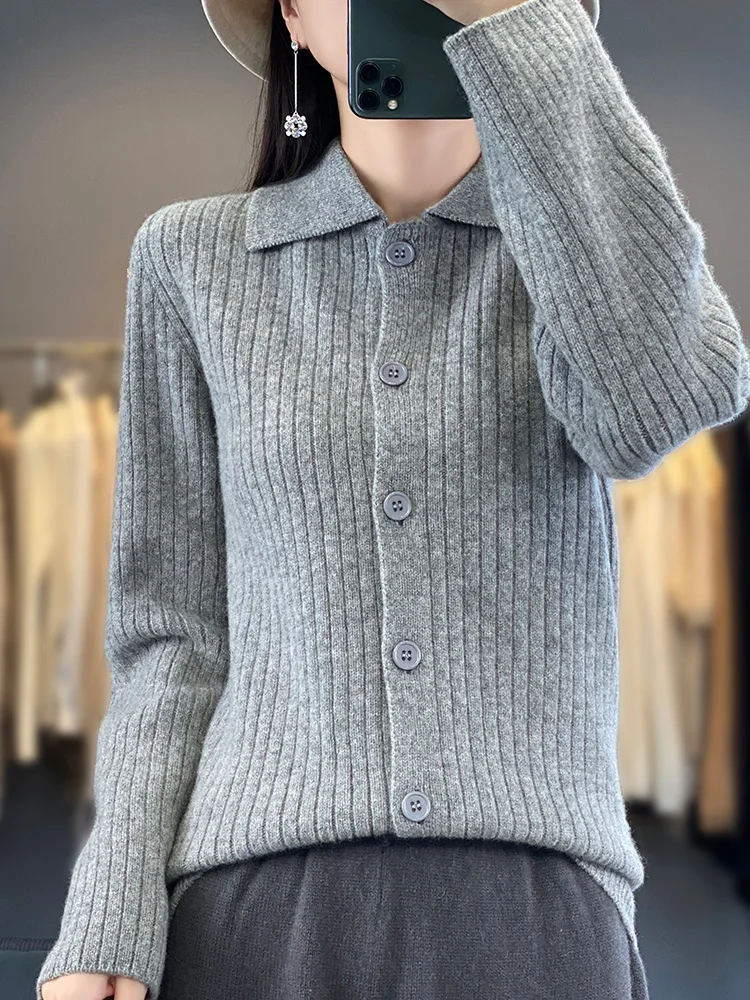 Women Polo Neck Cardigan 100% Merino Wool Sweater Spring Autumn Winter Soft Comfortable Shirt Lady Cashmere Knitwear Clothing