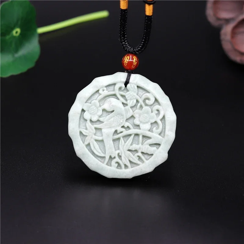 Natural Chinese Magpie Carved Jade Pendant White Green Necklace Charm Jewellery Fashion Lucky Amulet luck Gifts for Women Man