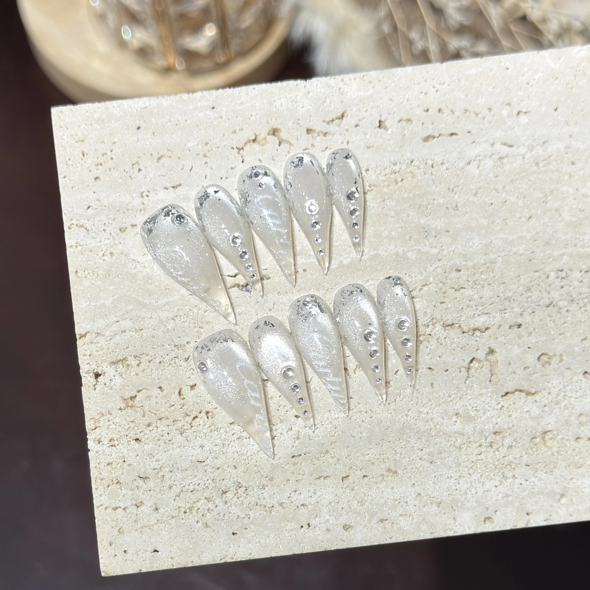10PCS Handmade Long Cat Claws Press On Nails Tips Glitter Whitle Cat Eye Diamond Fake Nail False Nail Supplies Y2K New Nail Art