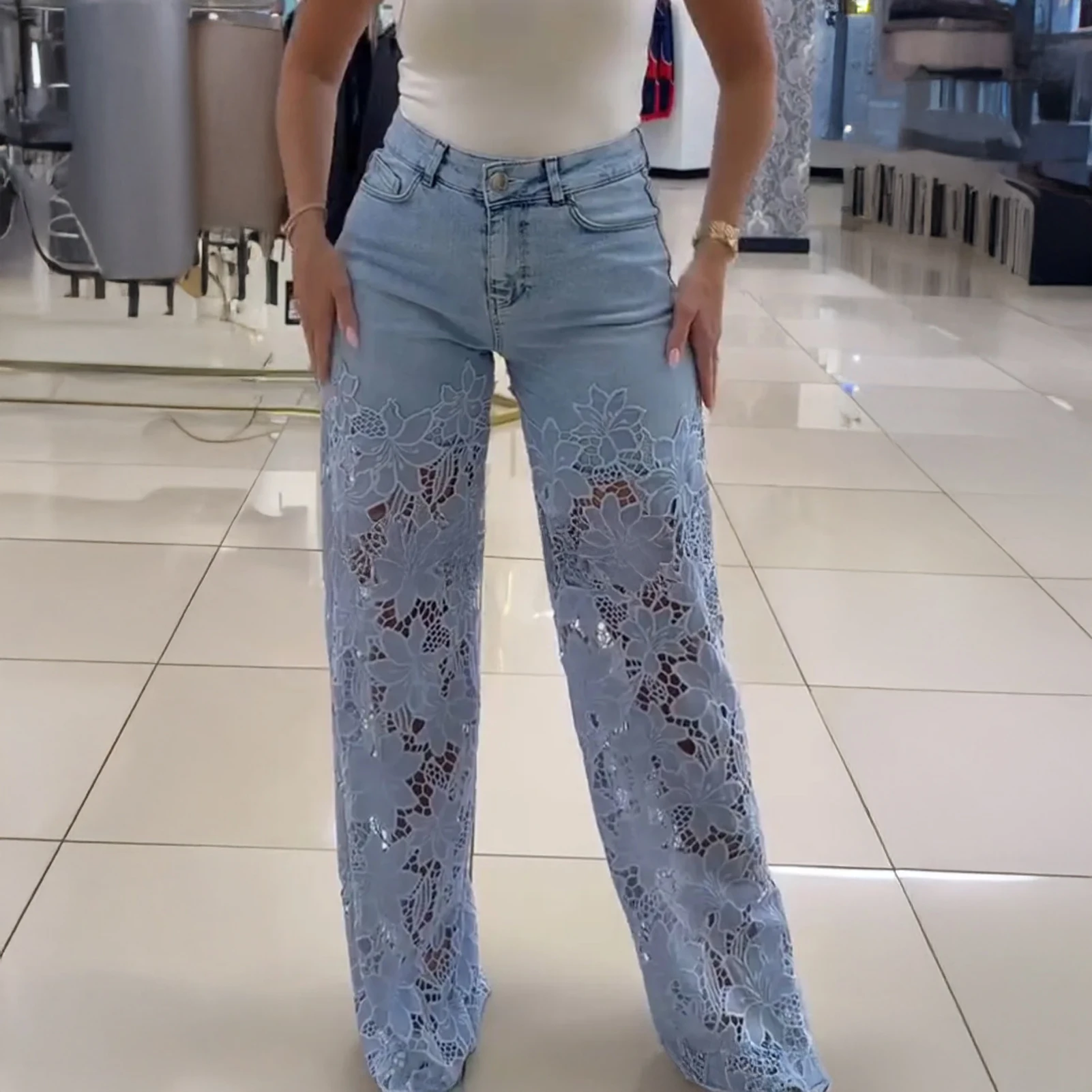 Women Y2k Hollow Out Flower Jean Pants Loose Zipper Pocket Button Straight Leg Trousers 2025 Summer Elagant Street Lady Outwear