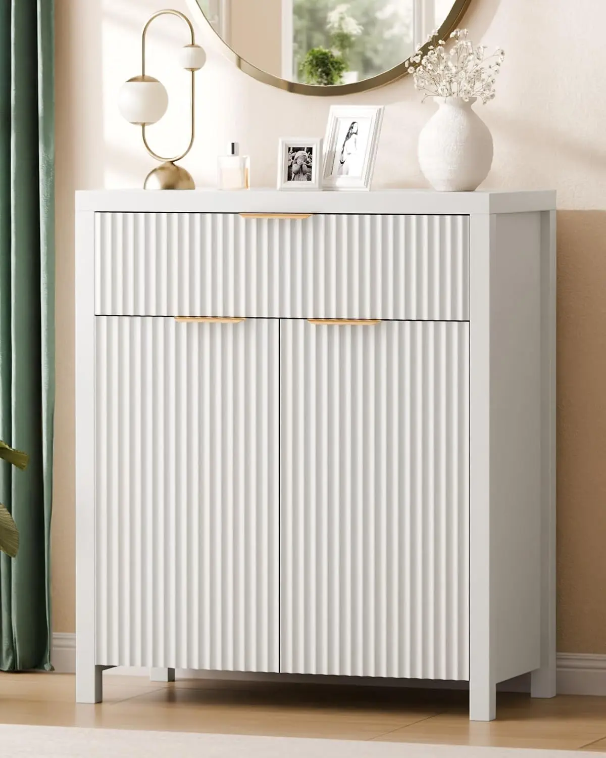 Fluted Buffet Cabinet Kitchen Sideboard Frame White Adjustable Shelves Full Extension Drawer Slides Curved Metal Handle Coffee Bar Storage Organizer For Dining Room Entryway
