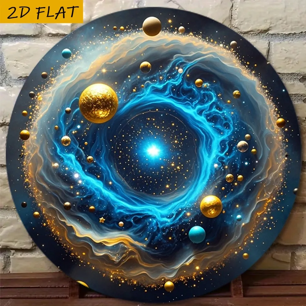 2D Metal Sign, Blue Starry Sky Gold Planets Retro Wall Art, 8x8 Inch Space Decor for Men Apartment Garage