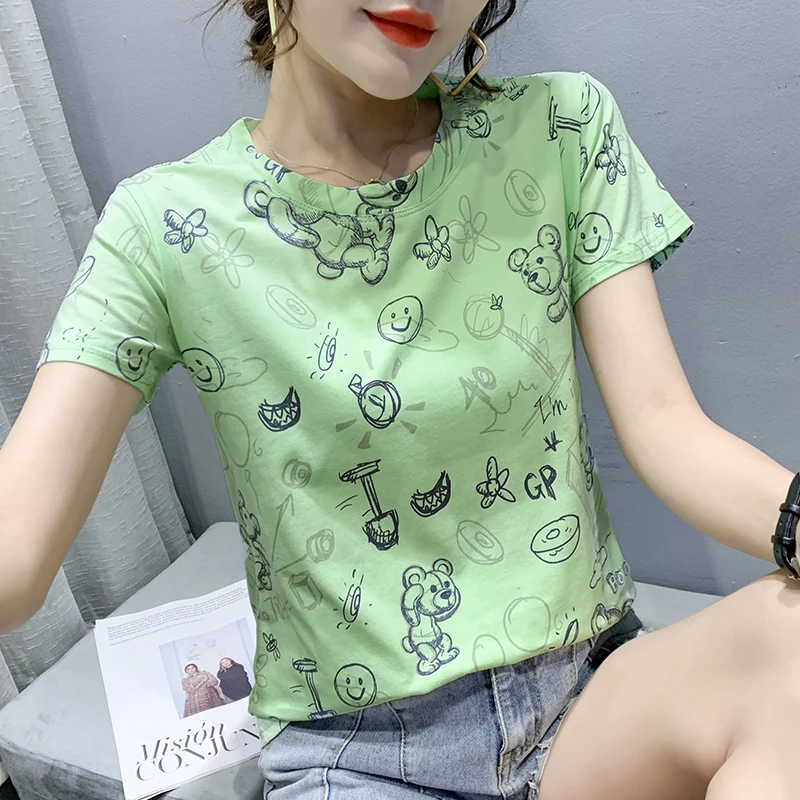 

2023 New Summer Korean Clothes Loose T-Shirt Chic Sexy O-Neck Cartoon Print Women Short Sleeve Tops All Match Casual Tees 32429