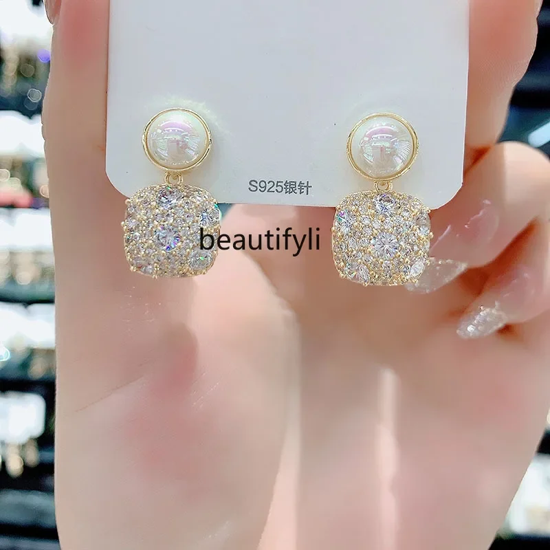 New light luxury high-end full diamond white pearl earrings women's fashion versatile earrings